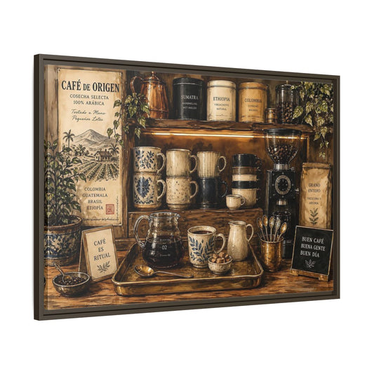 Main Mockup. Vintage Coffee Station Rustic Coffee shown as stretched canvas wall art