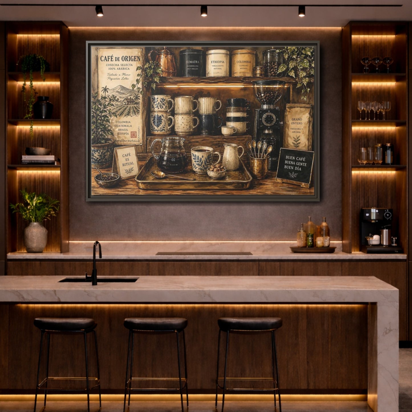 Mockup 4. Vintage Coffee Station Rustic Coffee shown as stretched canvas wall art
