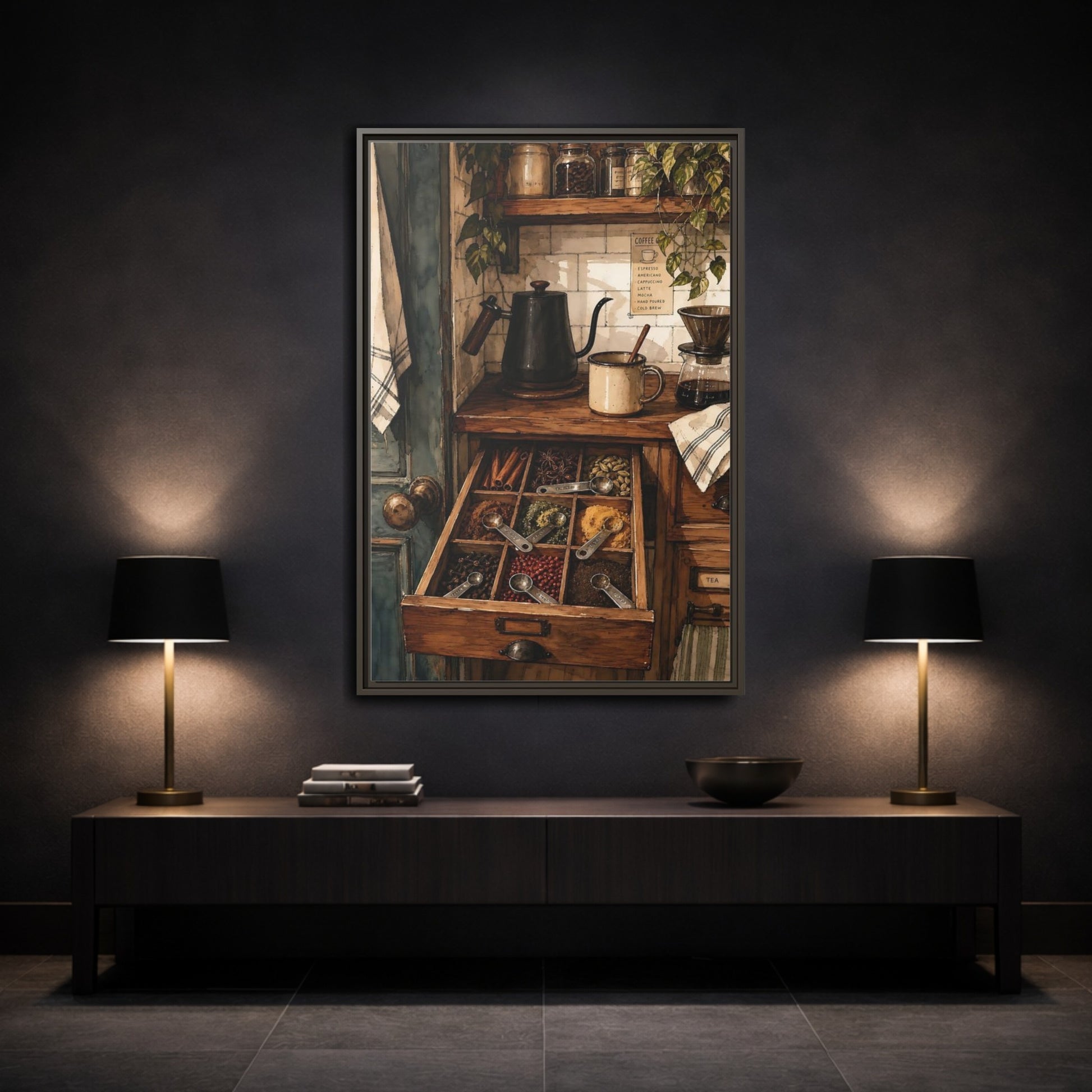 Mockup 2. Vintage Coffee Station Rustic Coffee Station shown as framed canvas print