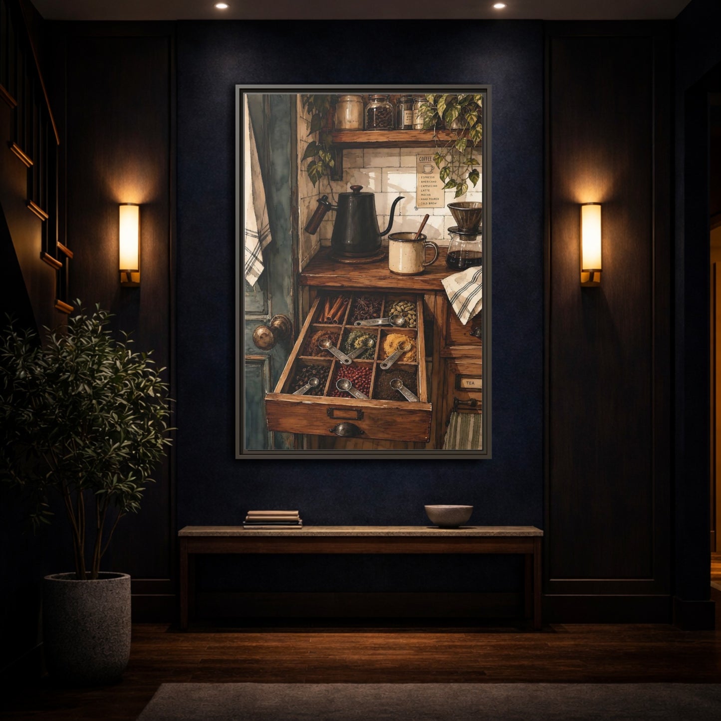 Mockup 4. Vintage Coffee Station Rustic Coffee Station shown as framed canvas print
