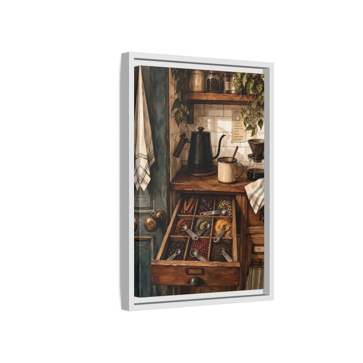 Side Mockup 4. Vintage Coffee Station Rustic Coffee Station shown as framed canvas print