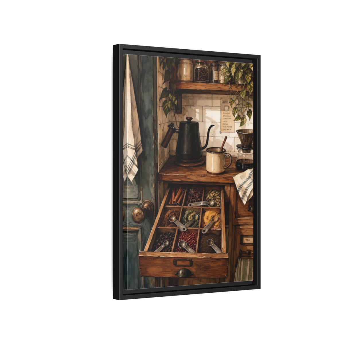 Side Mockup 3. Vintage Coffee Station Rustic Coffee Station shown as framed canvas print