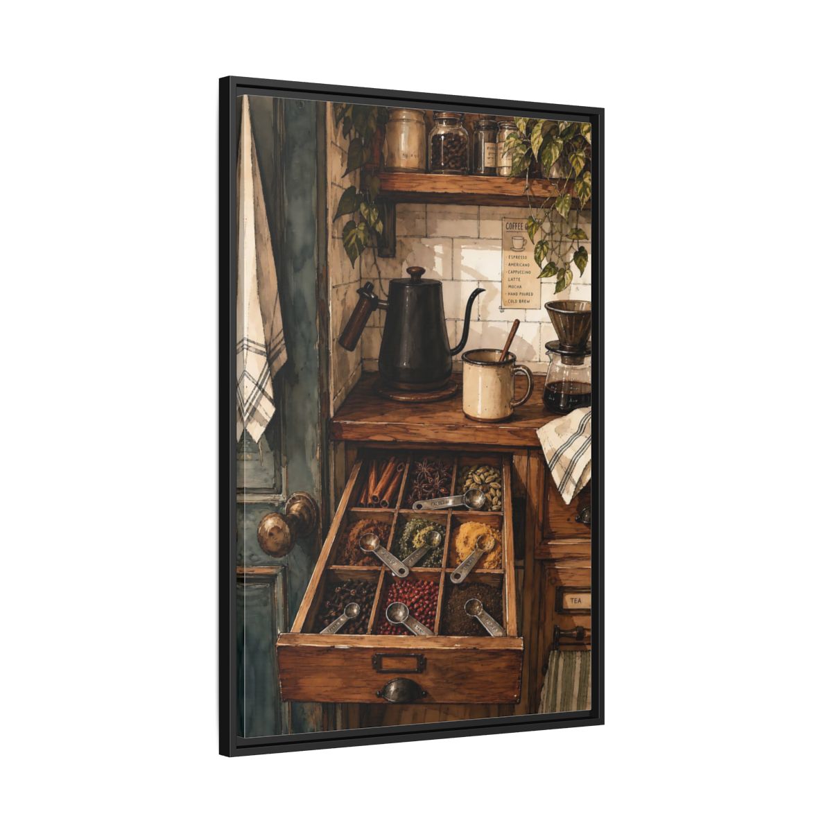 Side Mockup 13. Vintage Coffee Station Rustic Coffee Station shown as framed canvas print