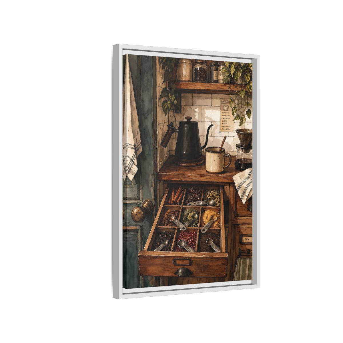 Side Mockup 1. Vintage Coffee Station Rustic Coffee Station shown as framed canvas print