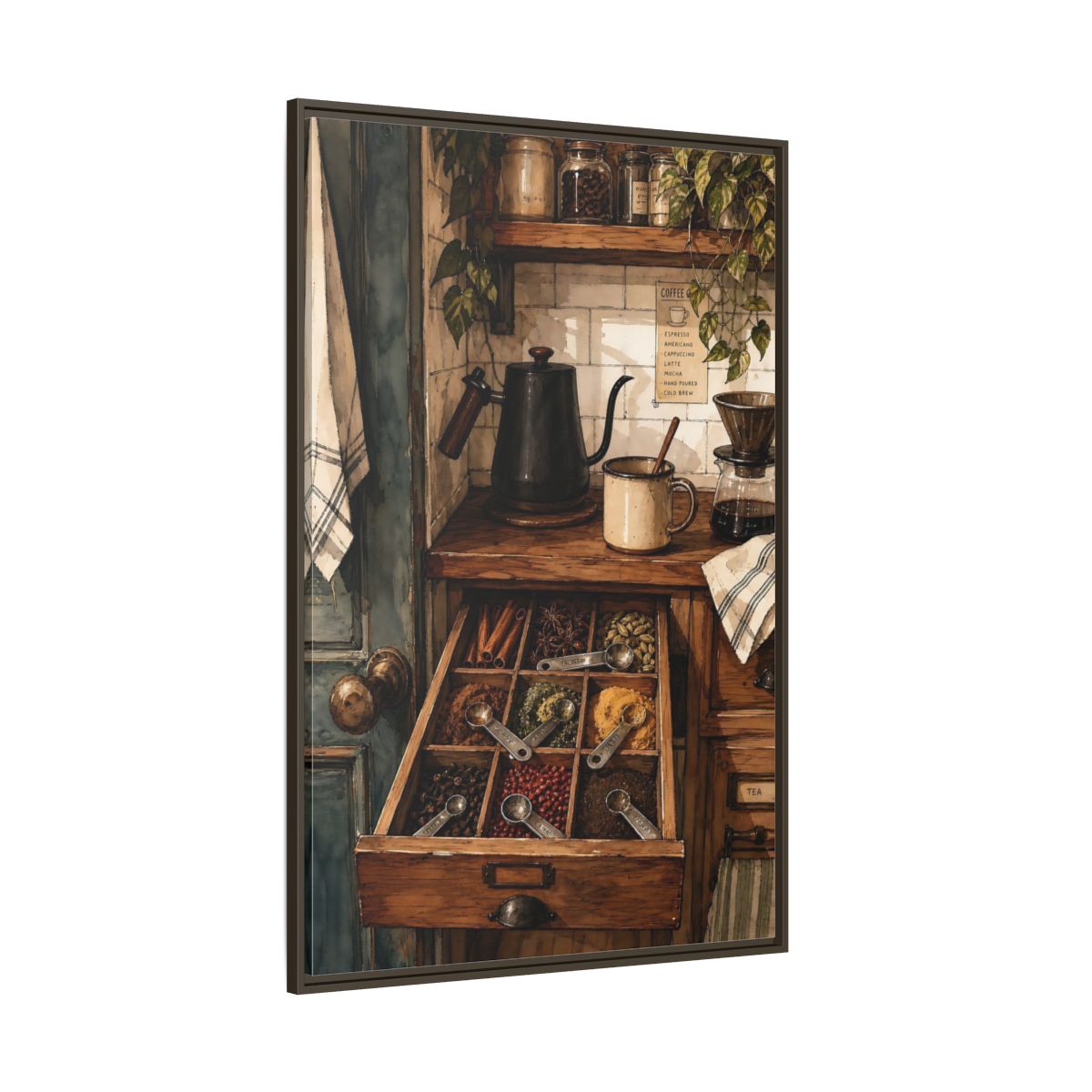 Side Mockup 8. Vintage Coffee Station Rustic Coffee Station shown as framed canvas print