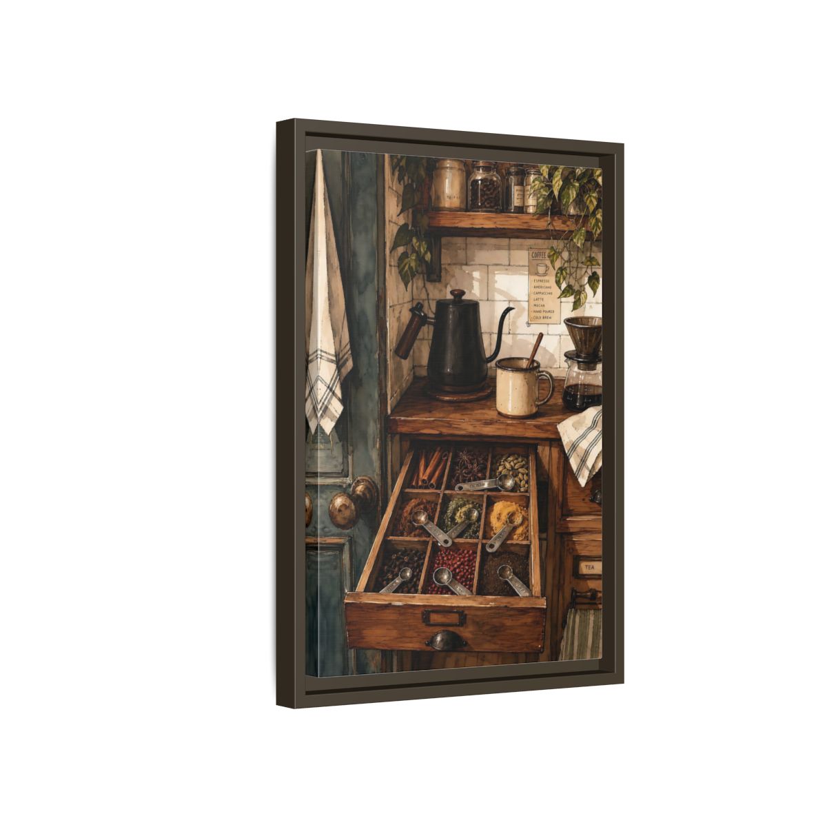 Side Mockup 5. Vintage Coffee Station Rustic Coffee Station shown as framed canvas print