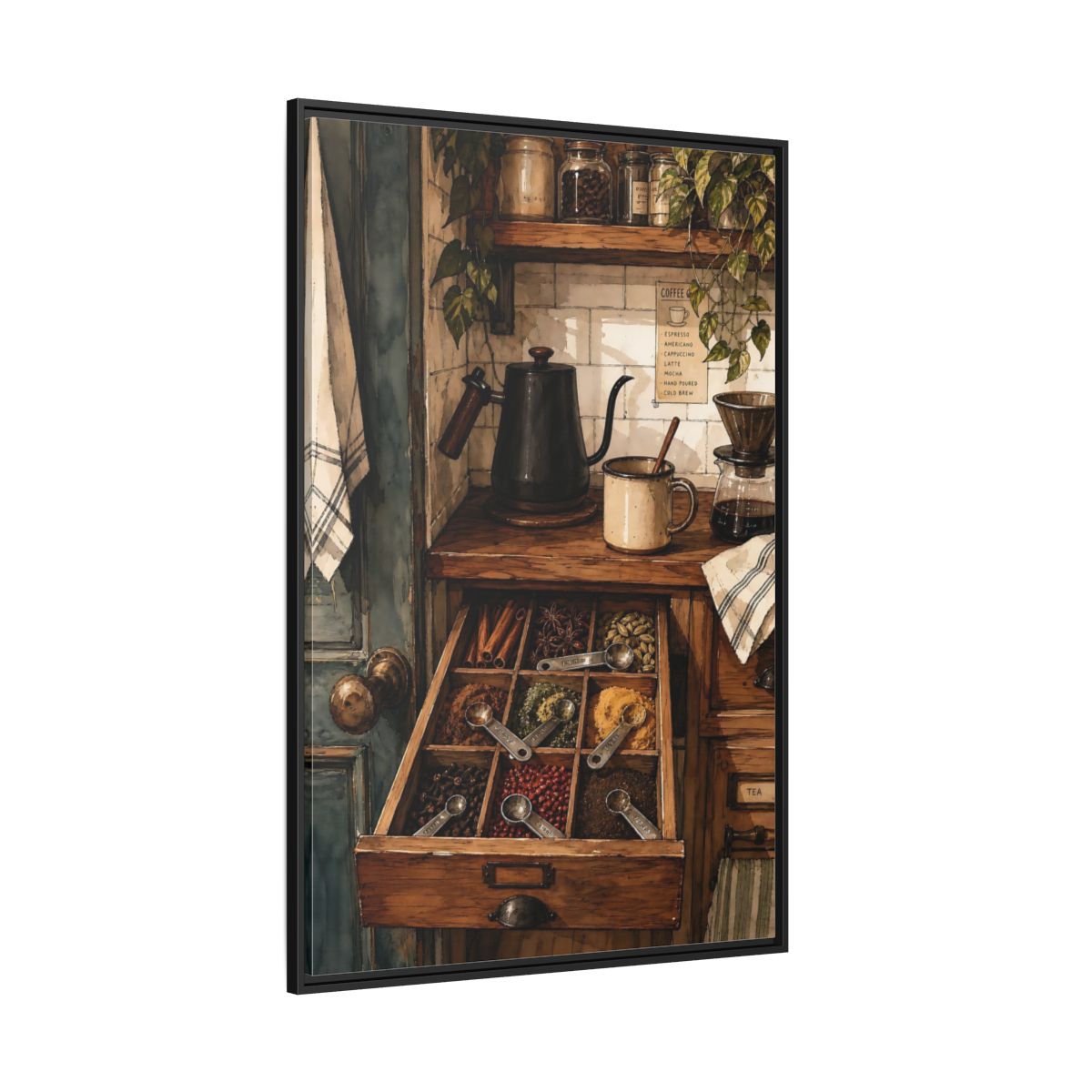 Side Mockup 12. Vintage Coffee Station Rustic Coffee Station shown as framed canvas print