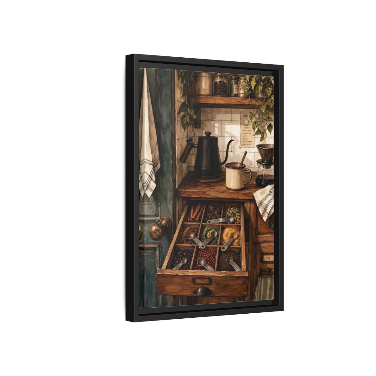 Side Mockup 6. Vintage Coffee Station Rustic Coffee Station shown as framed canvas print