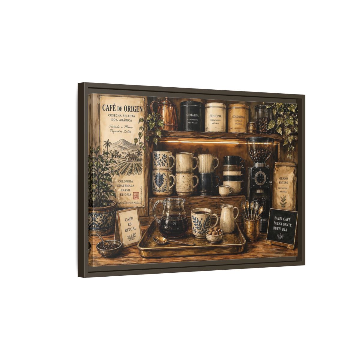 Side Mockup 2. Vintage Coffee Station Rustic Coffee shown as stretched canvas wall art