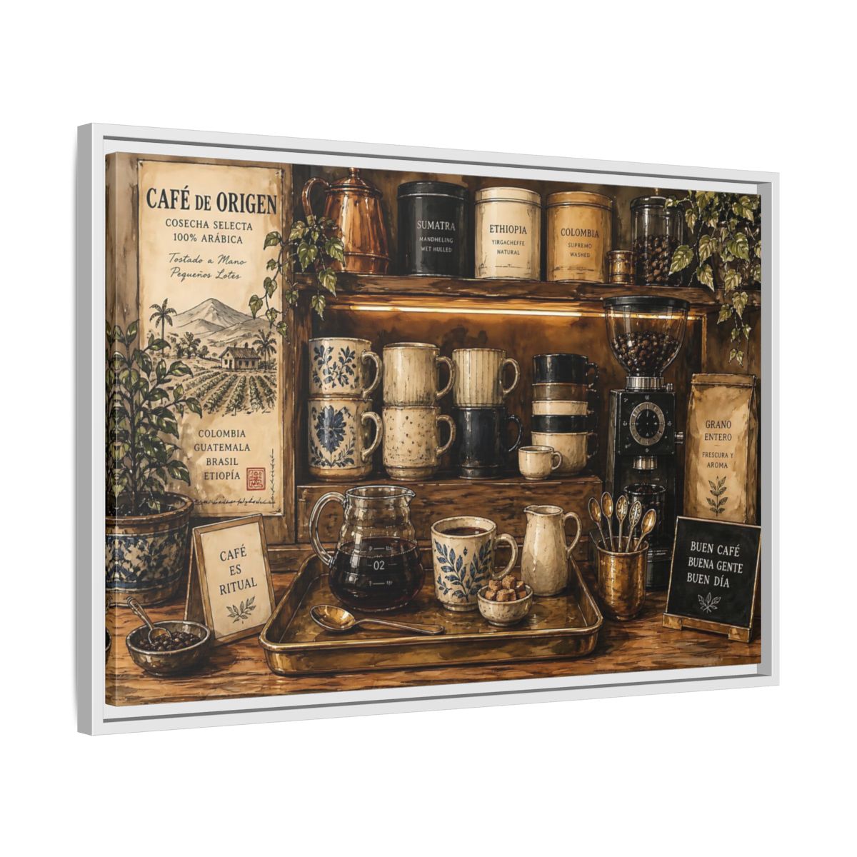 Side Mockup 10. Vintage Coffee Station Rustic Coffee shown as stretched canvas wall art