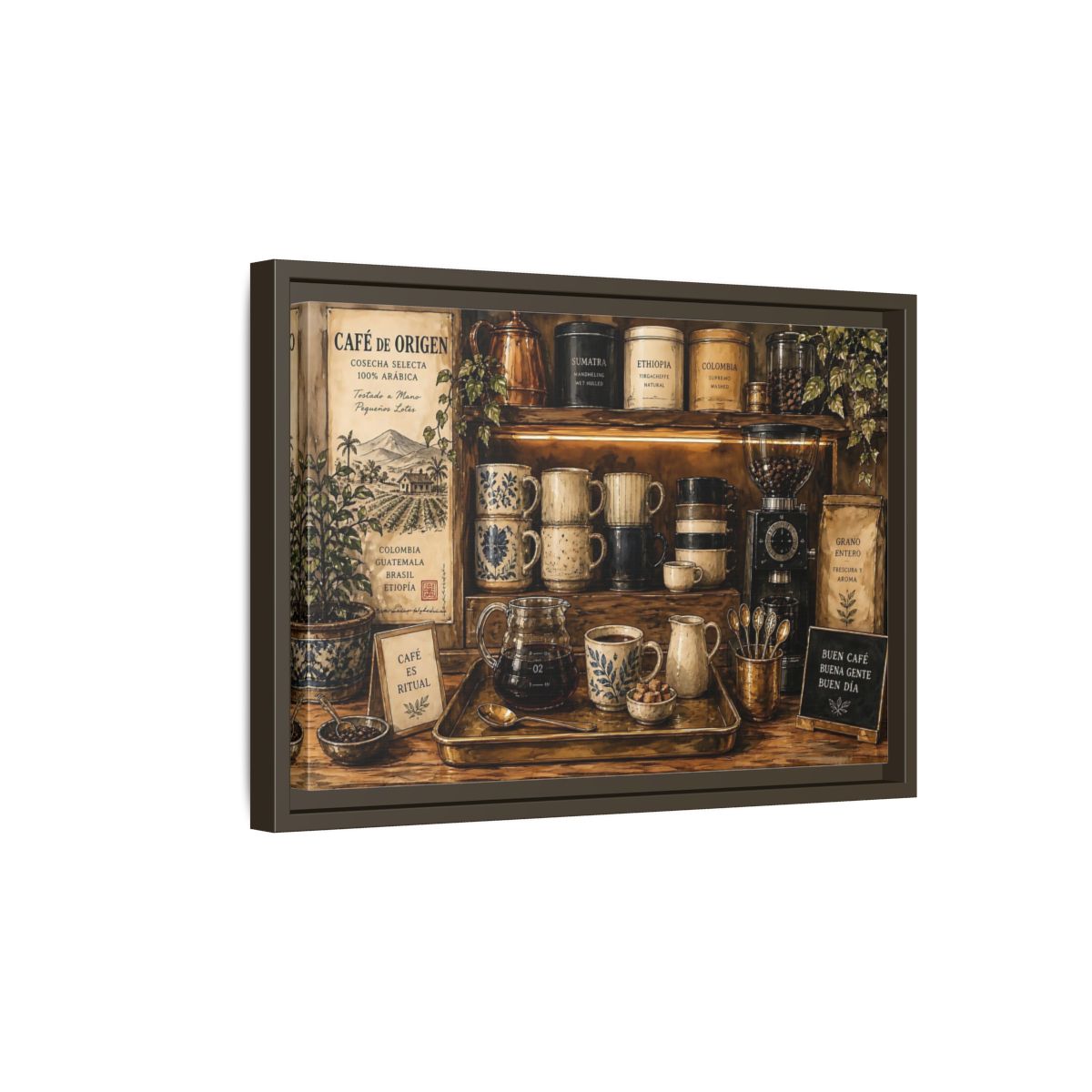 Side Mockup 5. Vintage Coffee Station Rustic Coffee shown as stretched canvas wall art