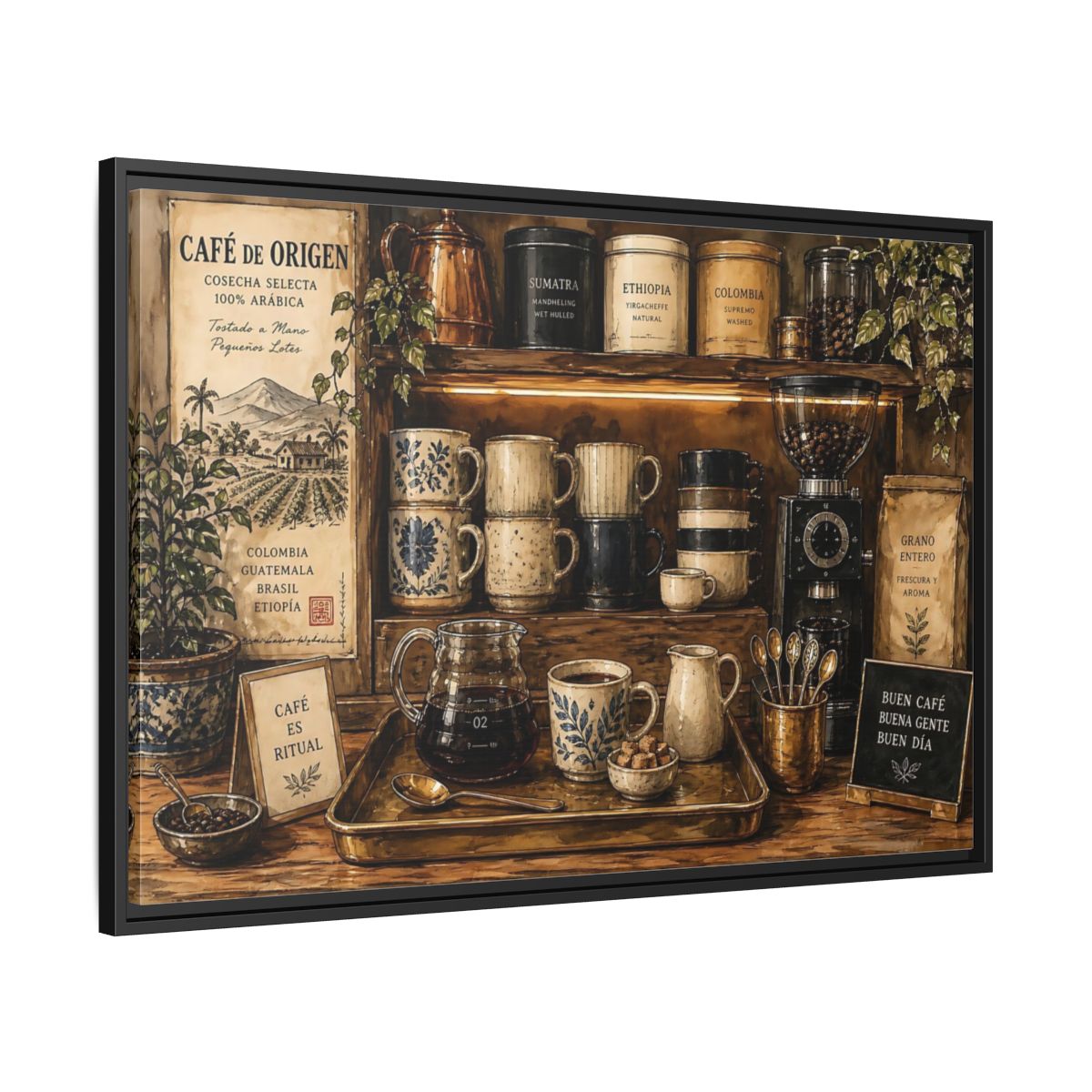 Side Mockup 13. Vintage Coffee Station Rustic Coffee shown as stretched canvas wall art