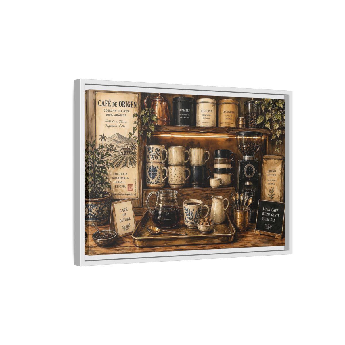 Side Mockup 1. Vintage Coffee Station Rustic Coffee shown as stretched canvas wall art