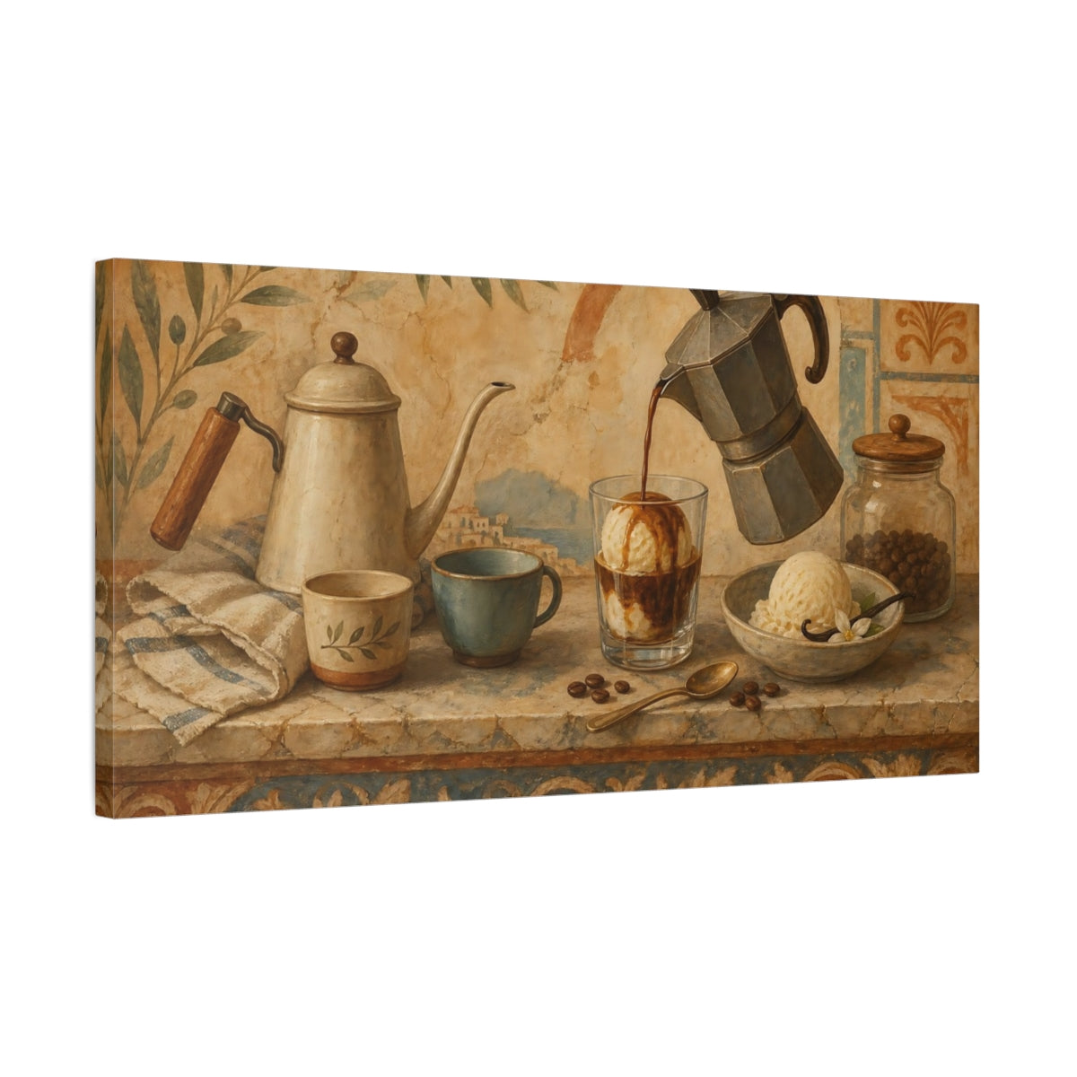 Side Mockup 1. Vintage Coffee Still Life Earthy Tones Coffee shown as canvas print