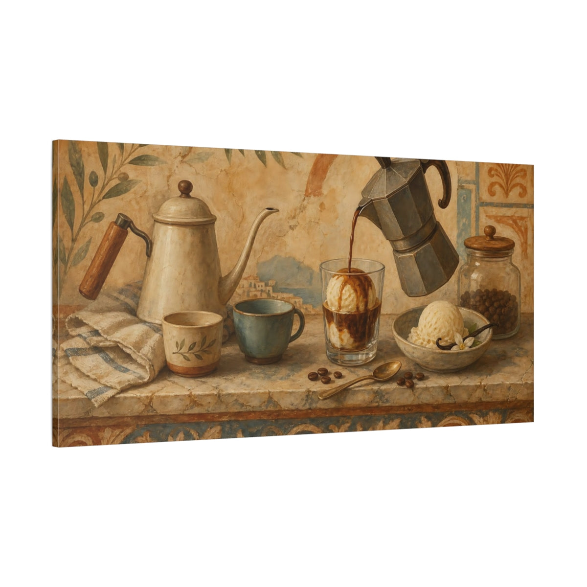 Side Mockup 2. Vintage Coffee Still Life Earthy Tones Coffee shown as canvas print