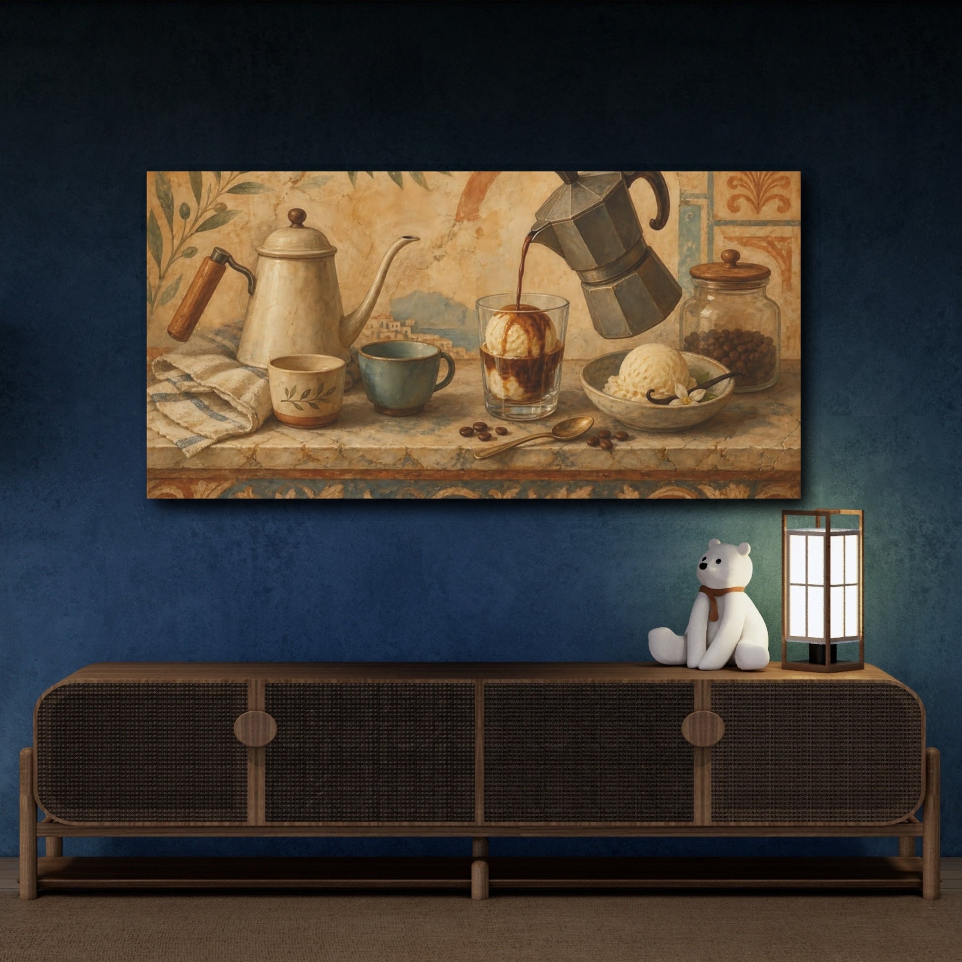 Mockup 4. Vintage Coffee Still Life Earthy Tones Coffee shown as canvas print