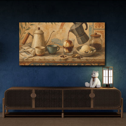 Mockup 4. Vintage Coffee Still Life Earthy Tones Coffee shown as canvas print