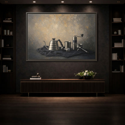 Mockup 3. Vintage Coffee Tools Metallic Coffee Tools shown as stretched canvas wall art