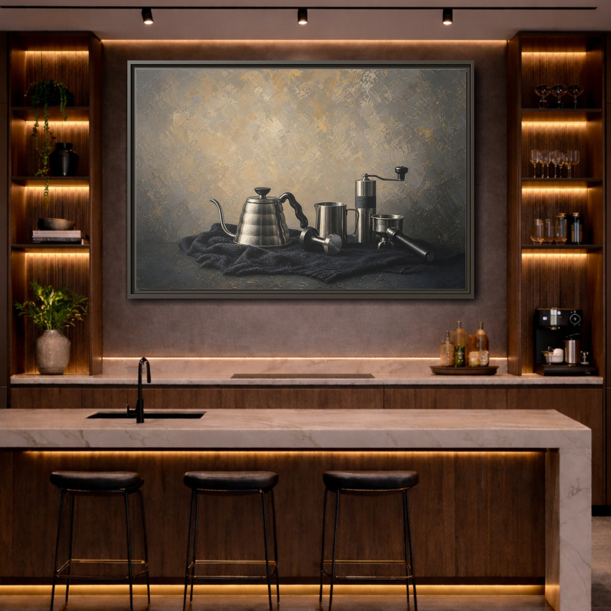 Mockup 4. Vintage Coffee Tools Metallic Coffee Tools shown as stretched canvas wall art
