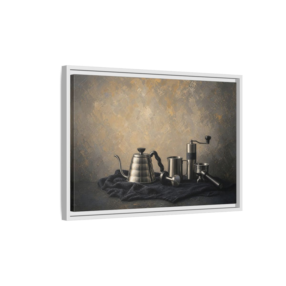 Side Mockup 1. Vintage Coffee Tools Metallic Coffee Tools shown as stretched canvas wall art