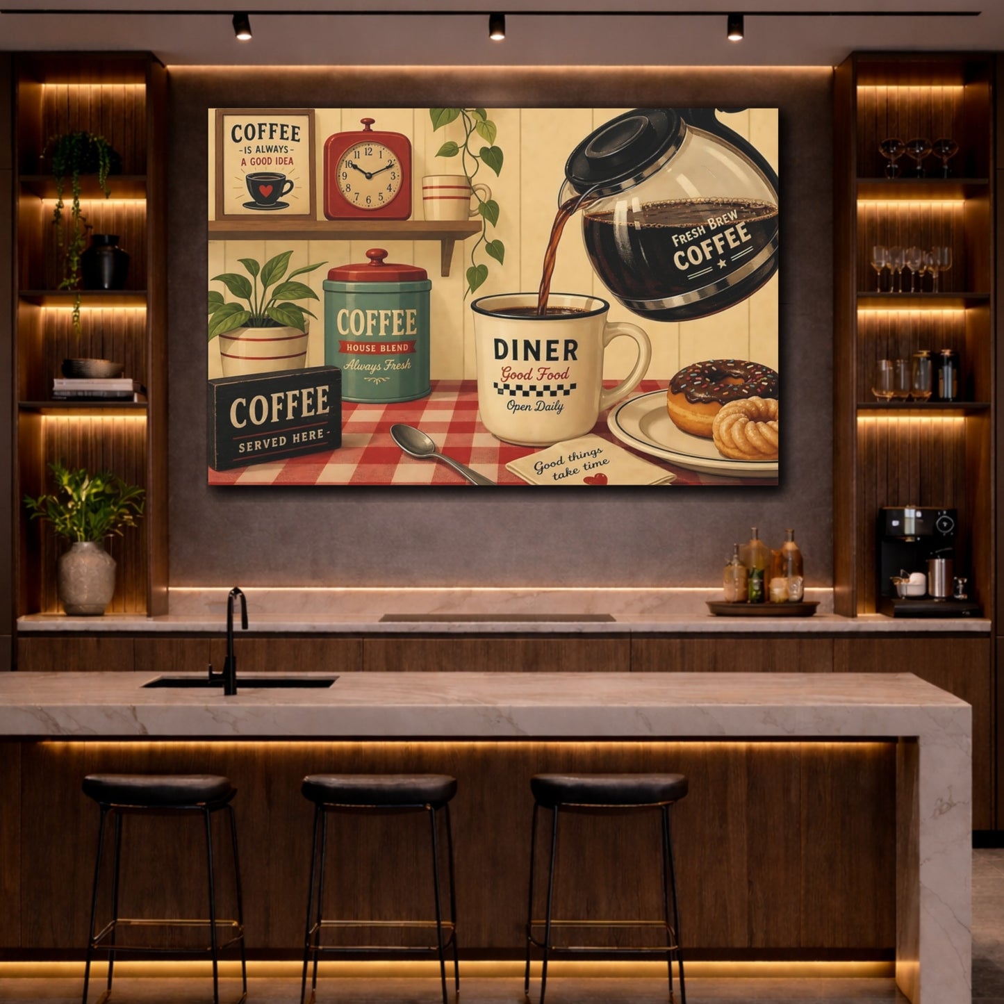 Mockup 2. Vintage Coffee Vintage Coffee Diner shown as stretched canvas wall art