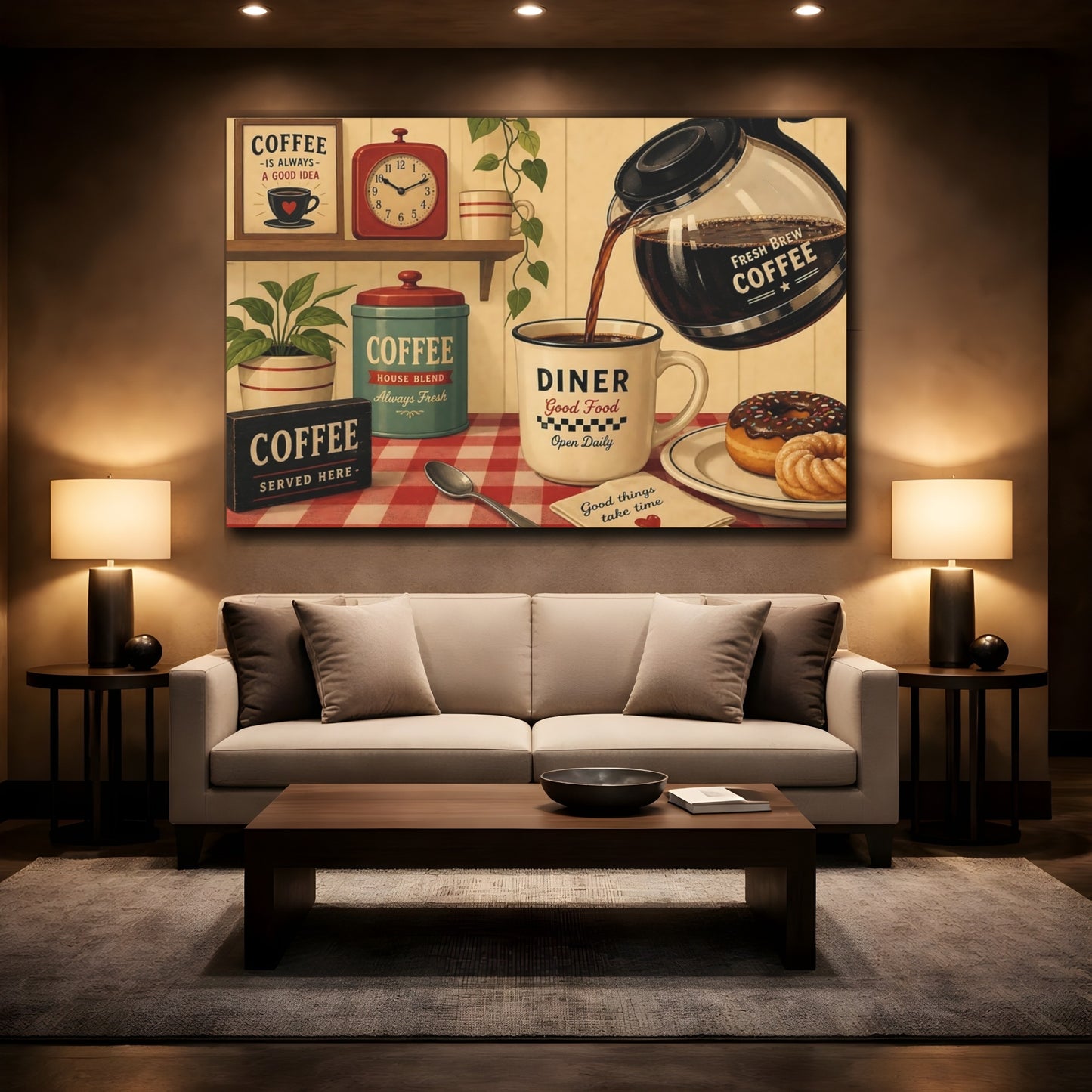 Mockup 3. Vintage Coffee Vintage Coffee Diner shown as stretched canvas wall art