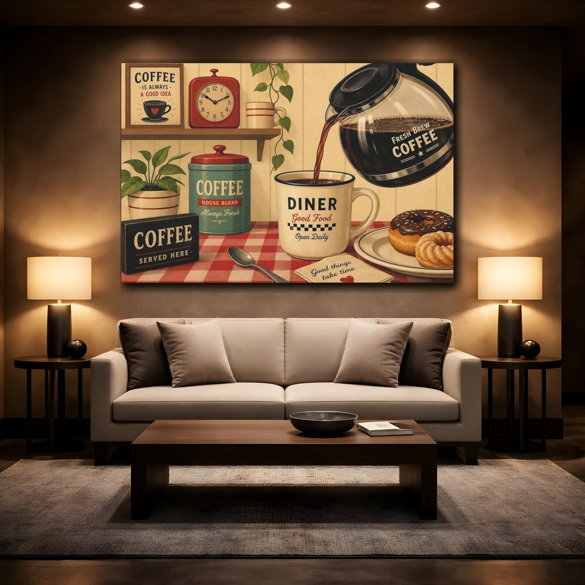 Mockup 3. Vintage Coffee Vintage Coffee Diner shown as stretched canvas wall art