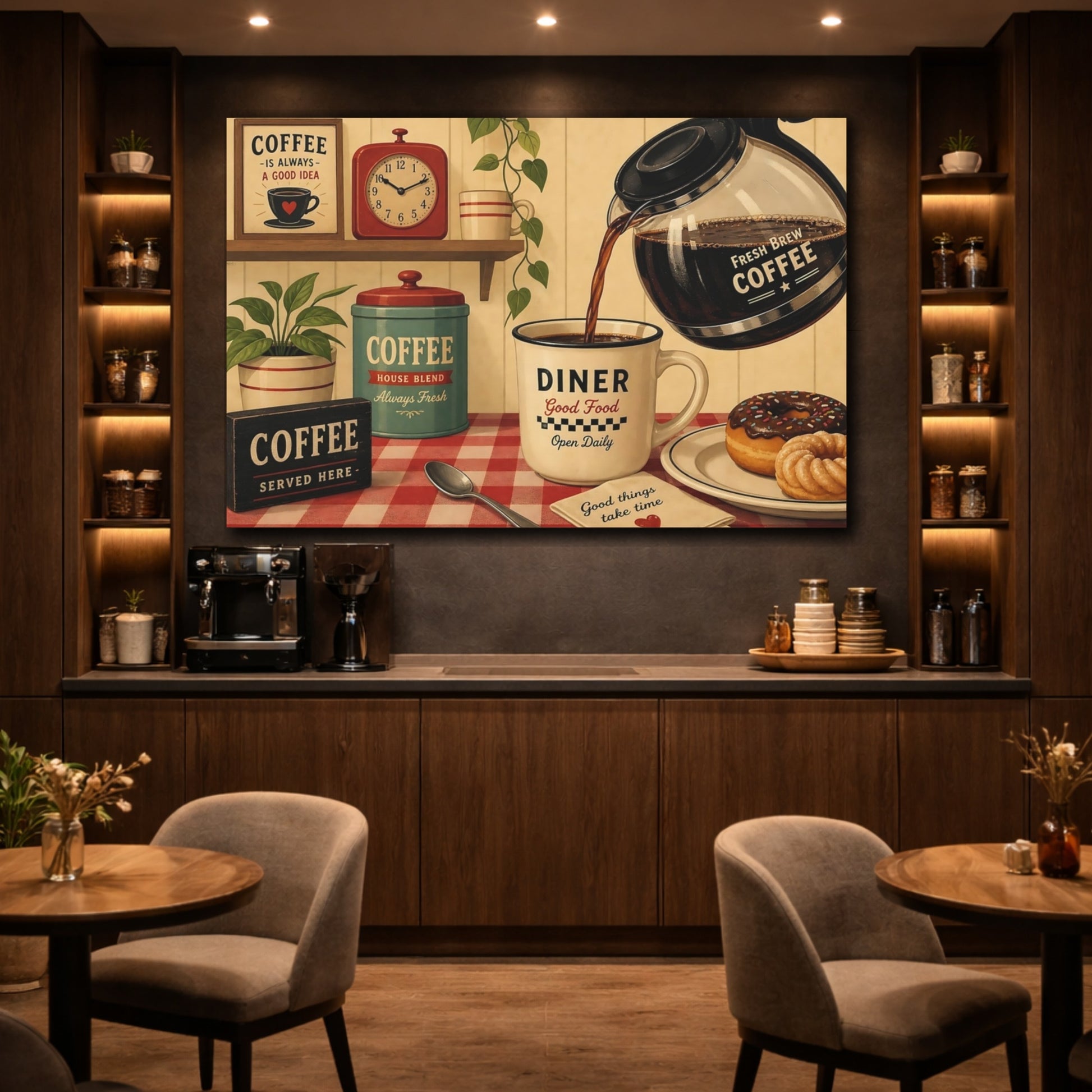 Mockup 4. Vintage Coffee Vintage Coffee Diner shown as stretched canvas wall art