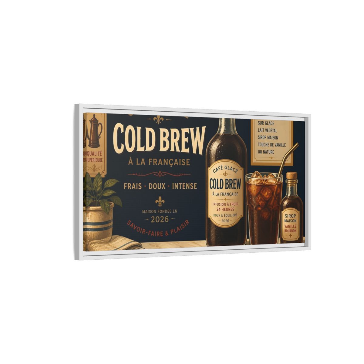 Side Mockup 1. Vintage Cold Brew Coffee Vintage Coffee shown as framed canvas print