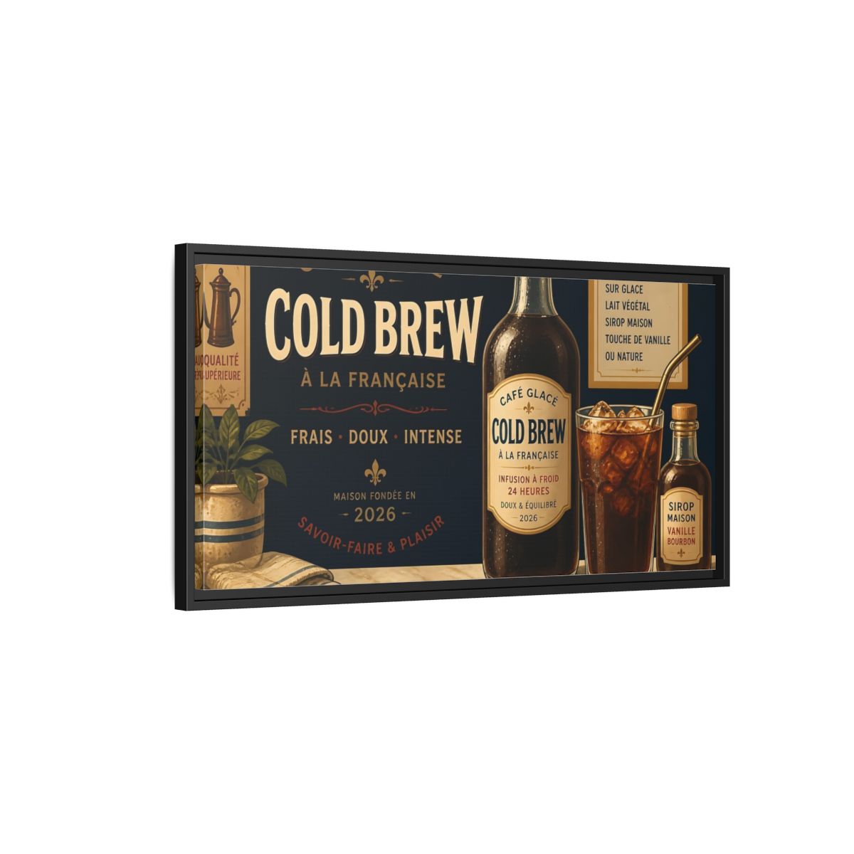 Side Mockup 2. Vintage Cold Brew Coffee Vintage Coffee shown as framed canvas print