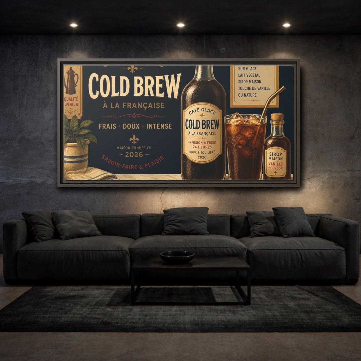 Mockup 3. Vintage Cold Brew Coffee Vintage Coffee shown as framed canvas print