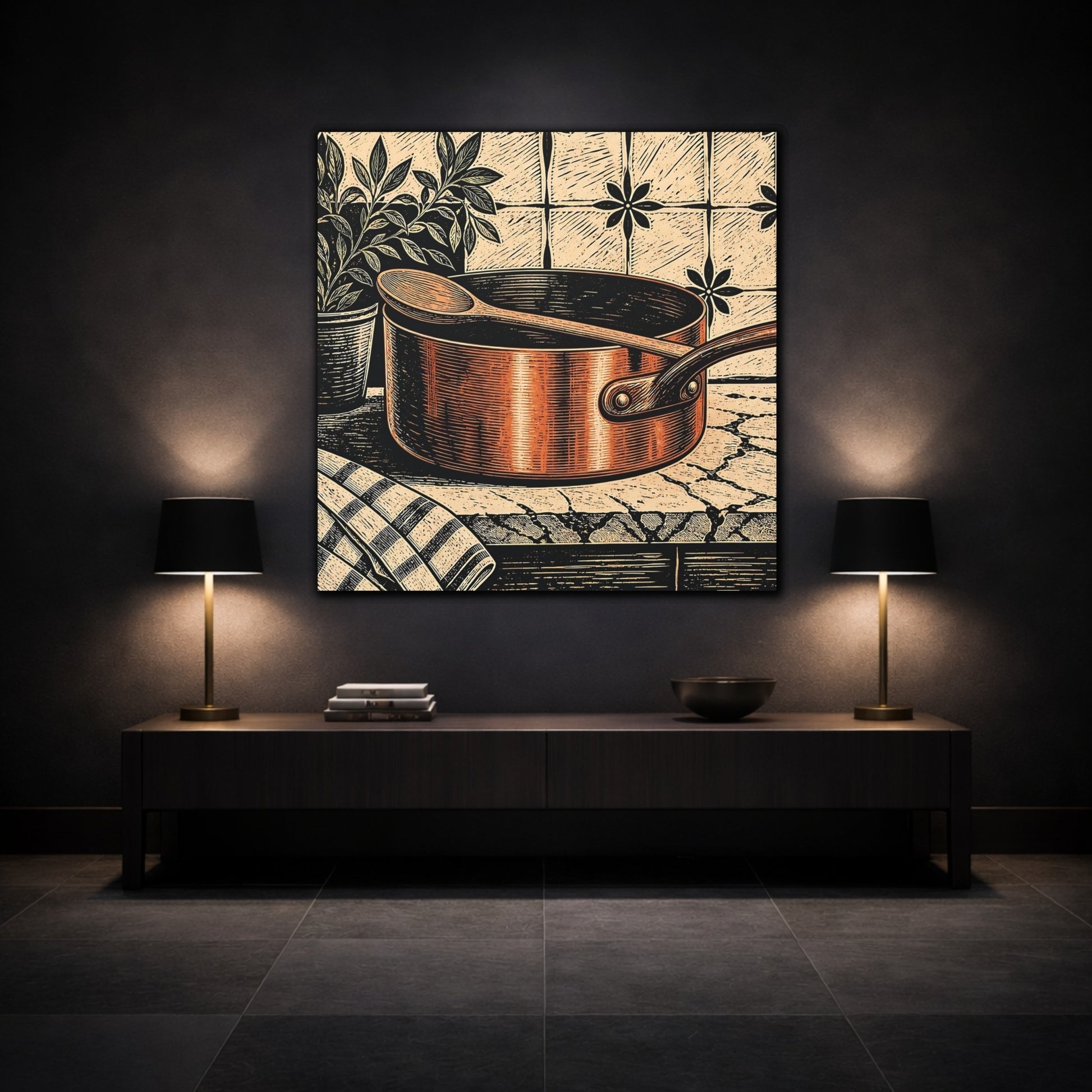 Mockup 3. Vintage Copper Pot Copper Pot Rustic shown as stretched canvas wall art