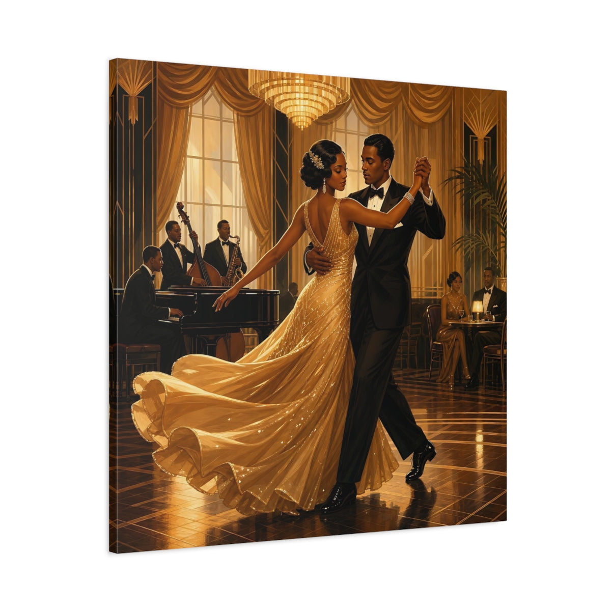 Main Mockup. Vintage Couple Dancing Golden Dance shown as canvas print