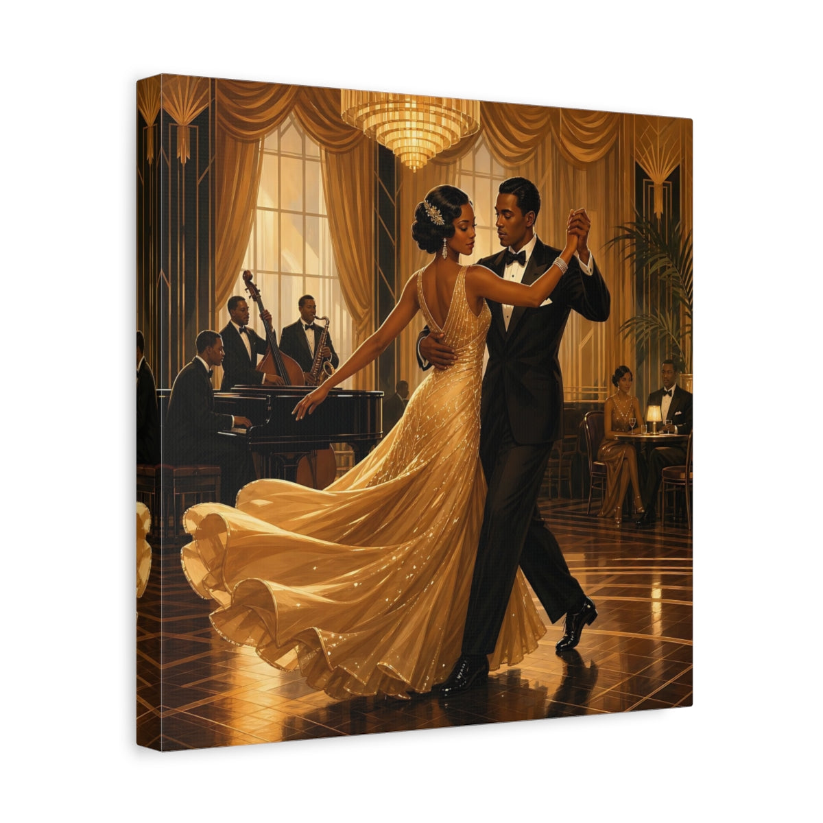 Side Mockup 7. Vintage Couple Dancing Golden Dance shown as canvas print