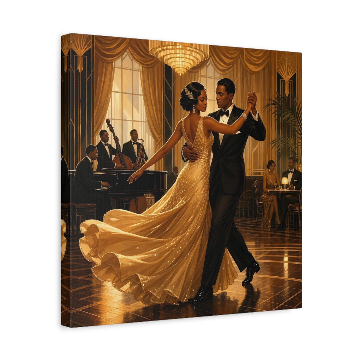 Side Mockup 6. Vintage Couple Dancing Golden Dance shown as canvas print