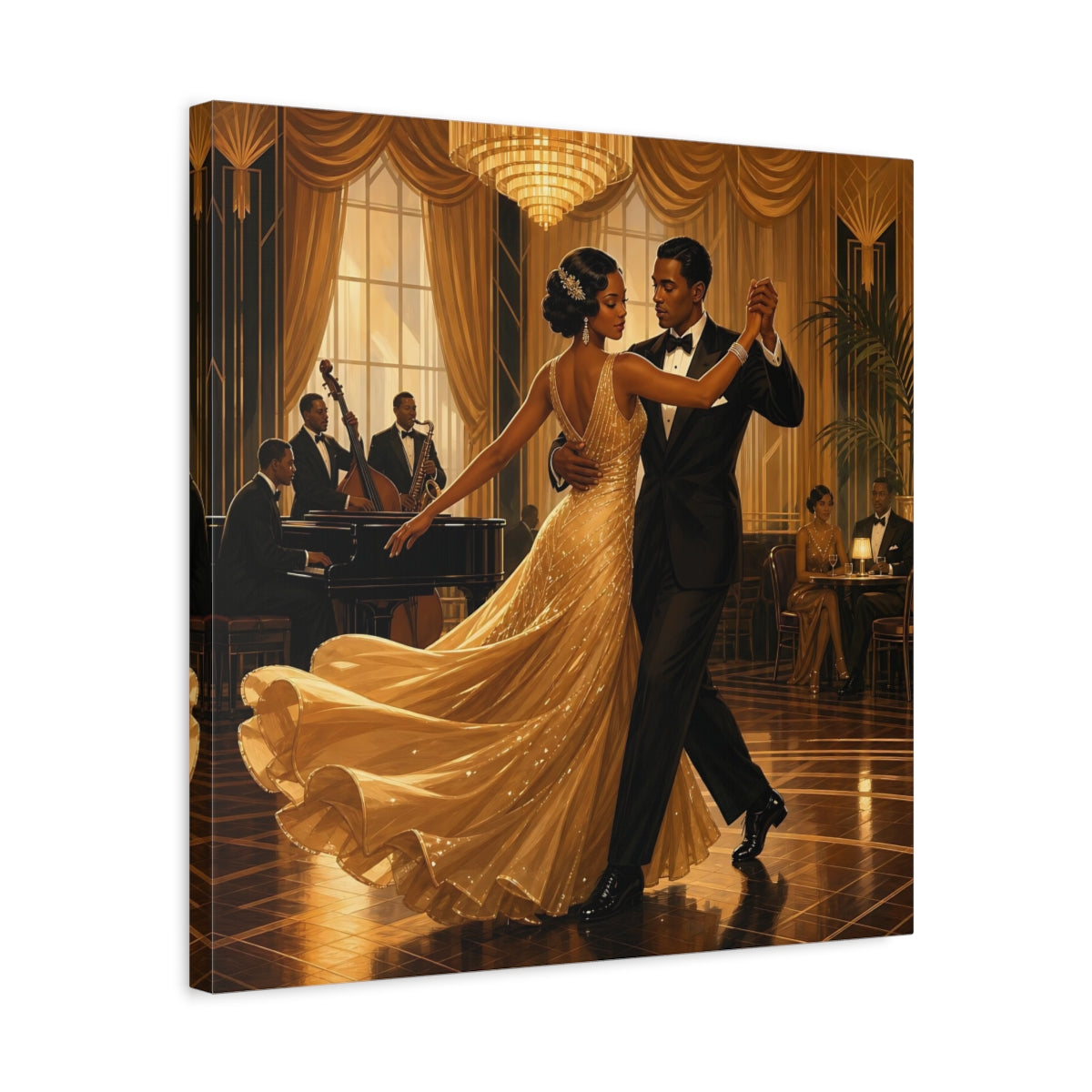 Side Mockup 5. Vintage Couple Dancing Golden Dance shown as canvas print