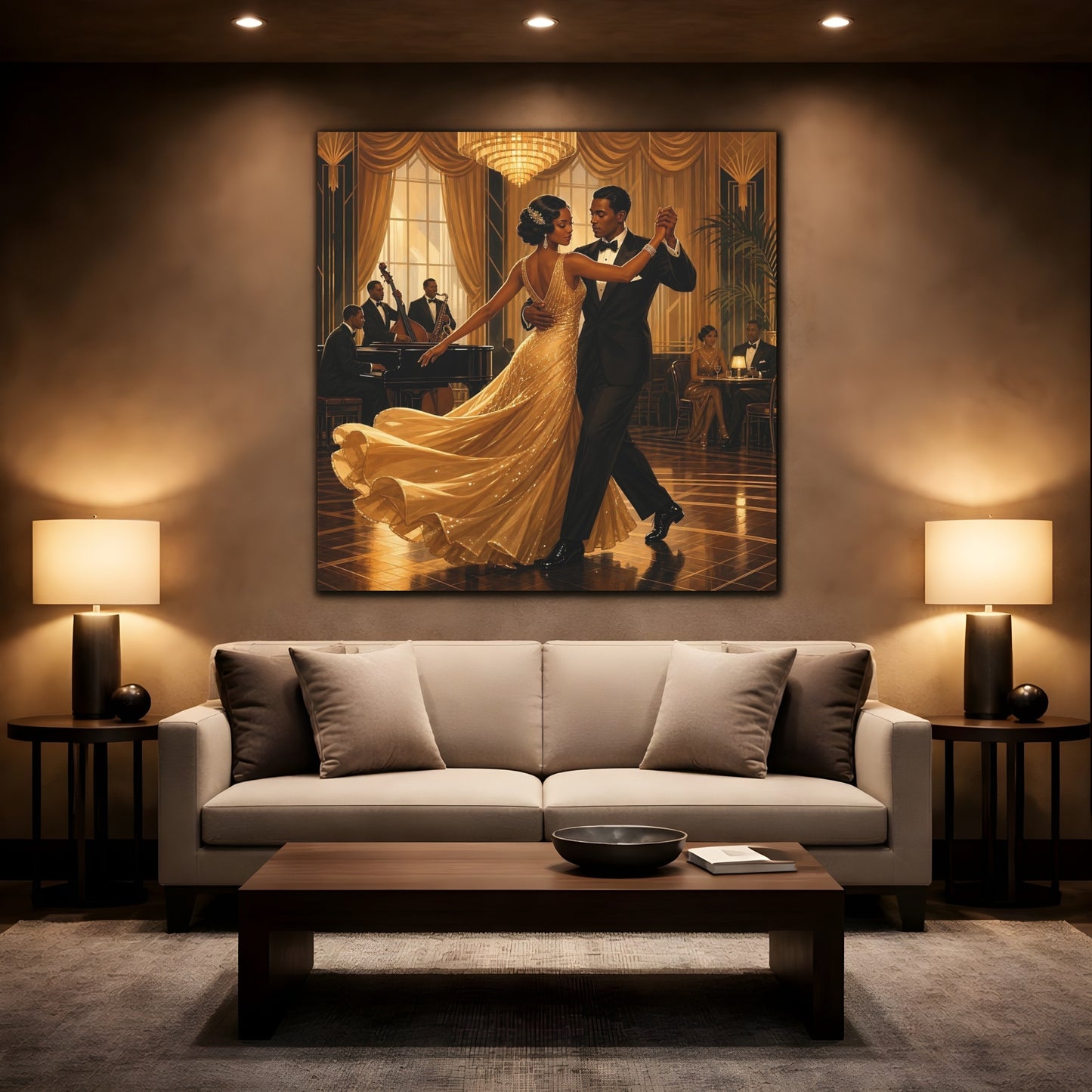 Mockup 2. Vintage Couple Dancing Golden Dance shown as canvas print
