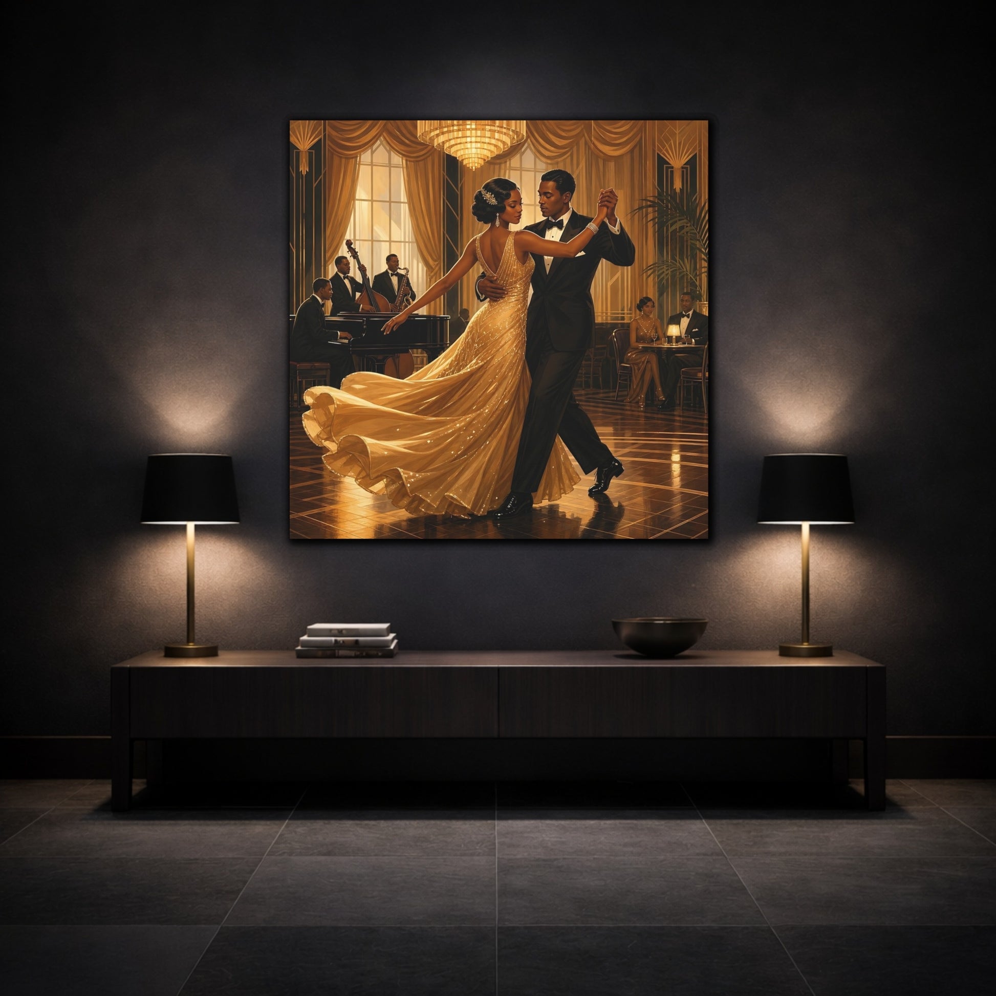 Mockup 3. Vintage Couple Dancing Golden Dance shown as canvas print