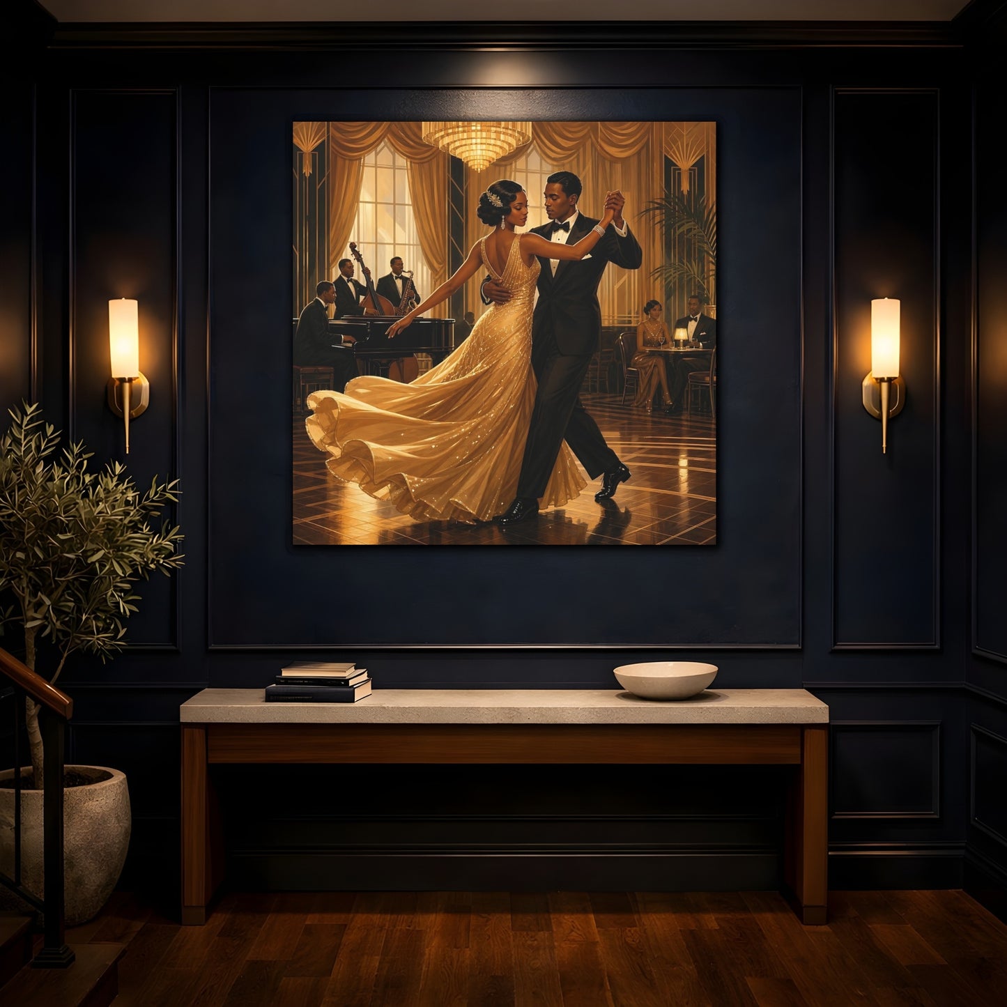 Mockup 4. Vintage Couple Dancing Golden Dance shown as canvas print