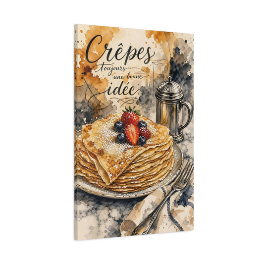 Main Mockup. Vintage Crepes Crepes Watercolor Art shown as stretched canvas wall art