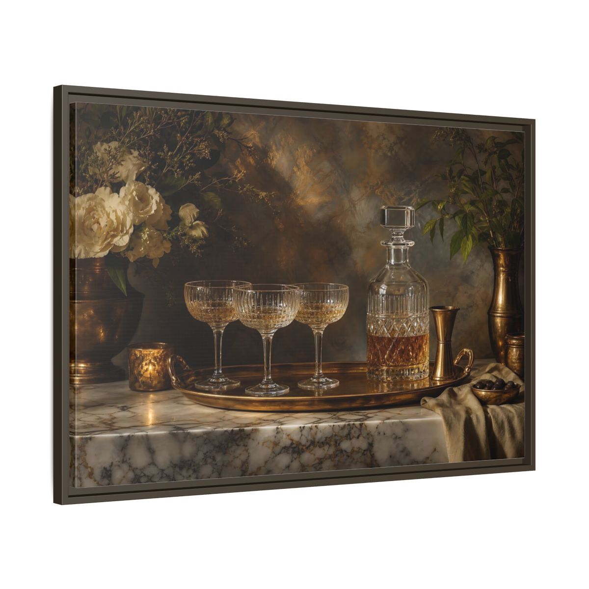 Main Mockup. Vintage Crystal Decanter Gold And Brown shown as stretched canvas wall art