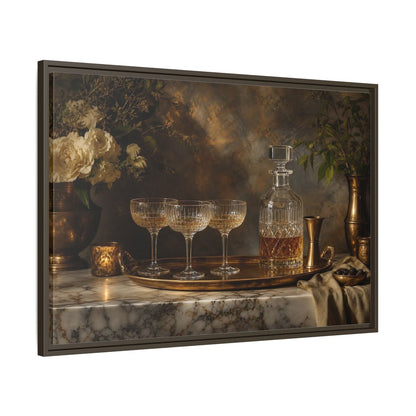 Main Mockup. Vintage Crystal Decanter Gold And Brown shown as stretched canvas wall art