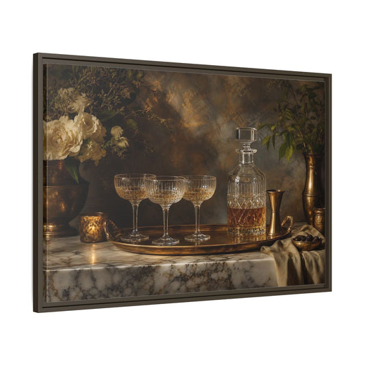 Main Mockup. Vintage Crystal Decanter Gold And Brown shown as stretched canvas wall art