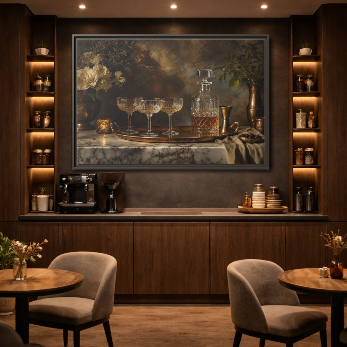 Mockup 2. Vintage Crystal Decanter Gold And Brown shown as stretched canvas wall art