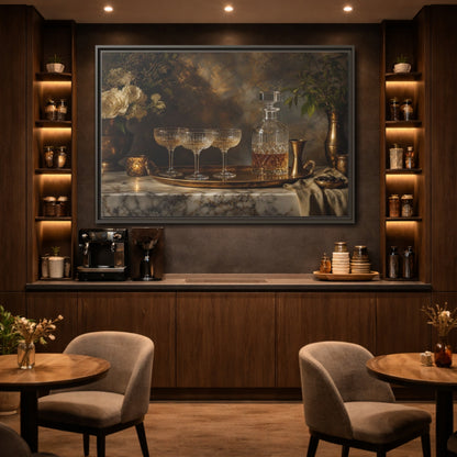 Mockup 2. Vintage Crystal Decanter Gold And Brown shown as stretched canvas wall art