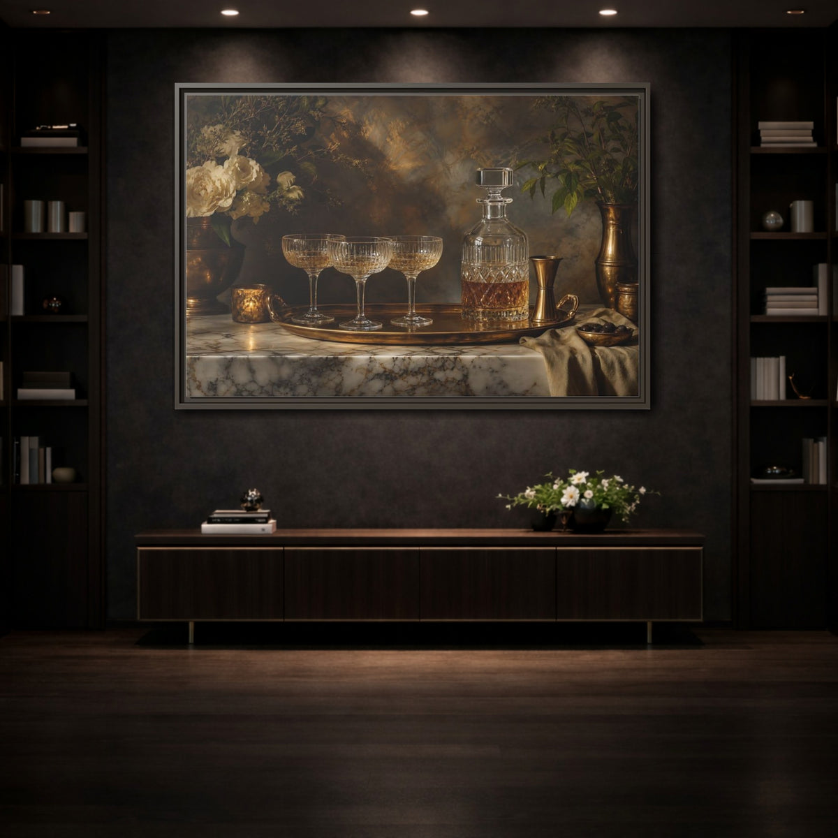 Mockup 3. Vintage Crystal Decanter Gold And Brown shown as stretched canvas wall art