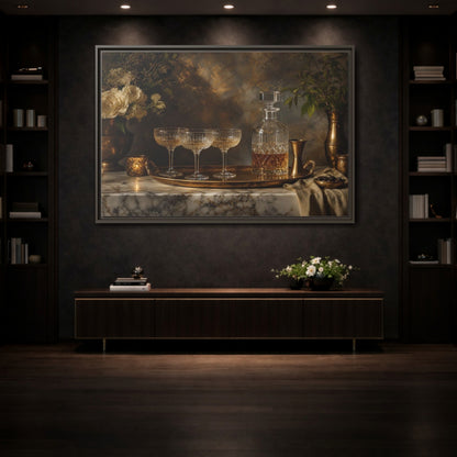 Mockup 3. Vintage Crystal Decanter Gold And Brown shown as stretched canvas wall art