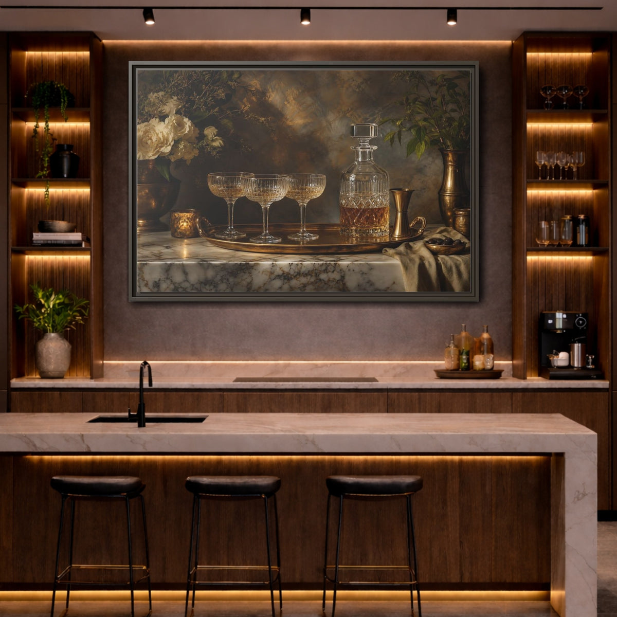 Mockup 4. Vintage Crystal Decanter Gold And Brown shown as stretched canvas wall art