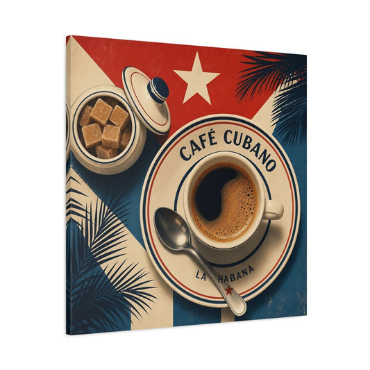 Main Mockup. Vintage Cuban Coffee Red Blue Coffee shown as stretched canvas wall art