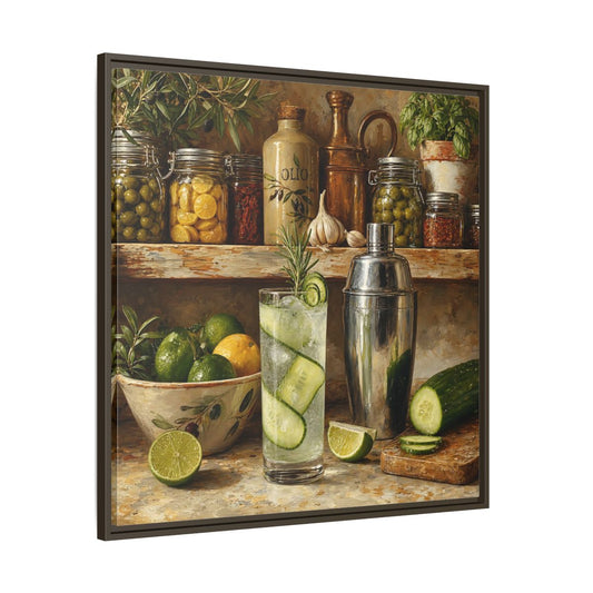 Main Mockup. Vintage Cucumber Drink Rustic Kitchen shown as stretched canvas wall art